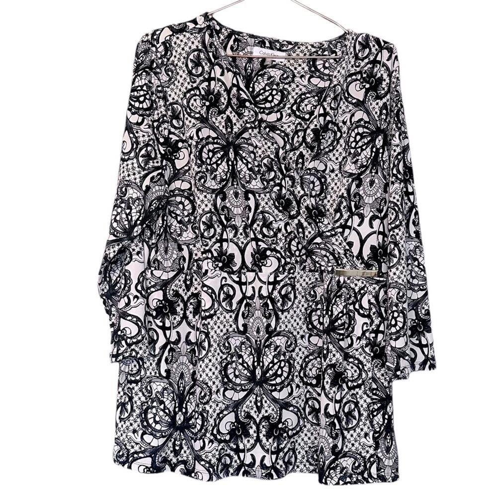 Calvin Klein Long Sleeve V-Neck Blouse Gold Accent